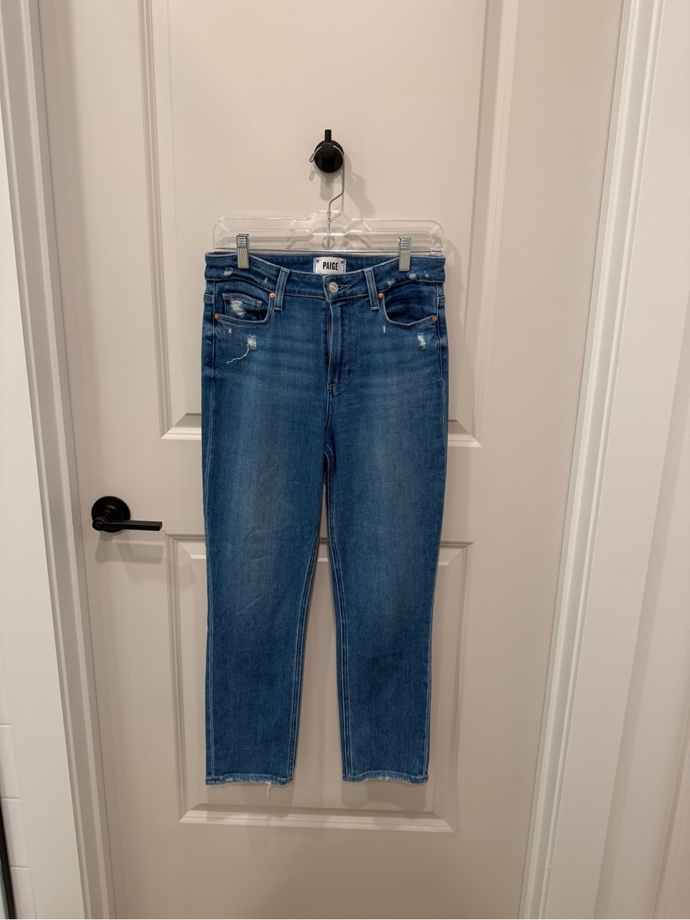 PAIGE Cropped Straight Ankle Jeans in Medium Blue Denim